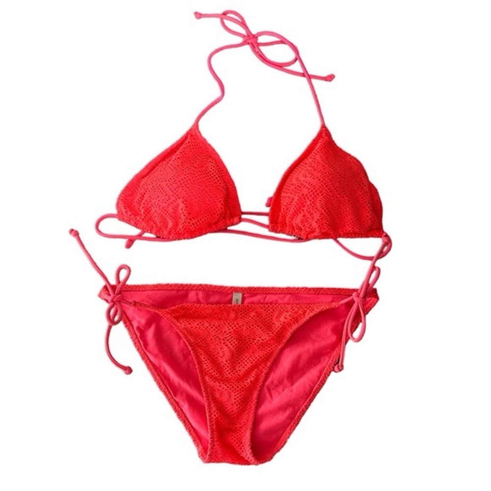 Aerie Tie Bikini Crochet Coral Pink Top M Bottom S